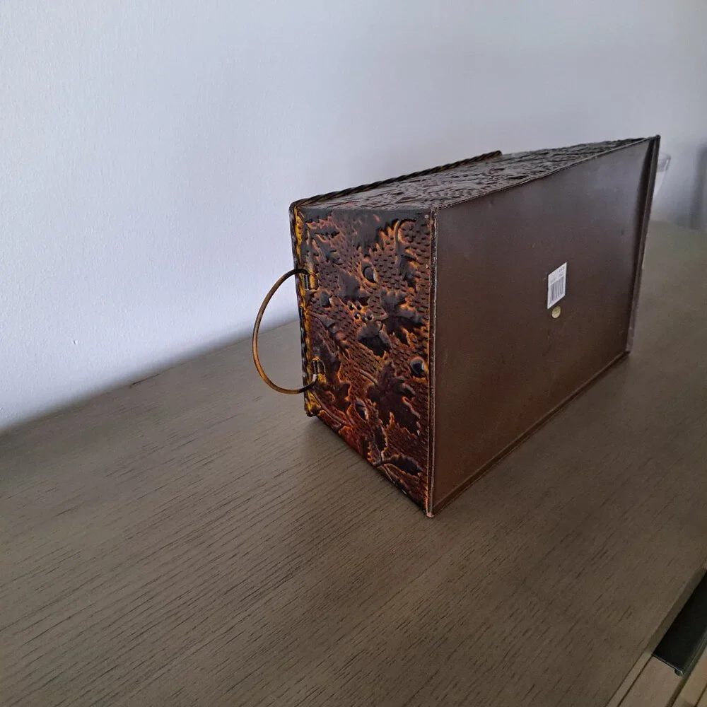 Vintage Distressed Metal Basket Fall Motif Large Ornamental Box with Handles - Picture 5 of 9